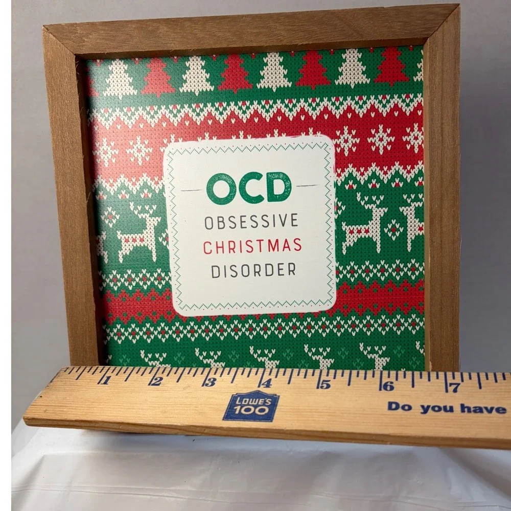 OCD Obsessive Christmas Disorder Wood Framed Sign Holiday Decor 7x7 Reindeer